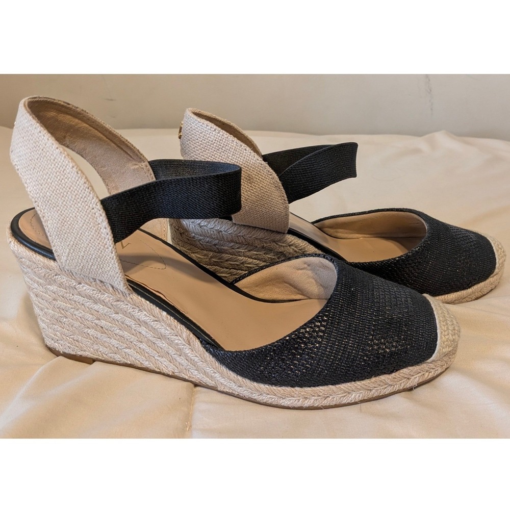 Lauren Ralph Lauren Black Canvas Espadrille Wedge Sandals gold LRL logo. Size 10